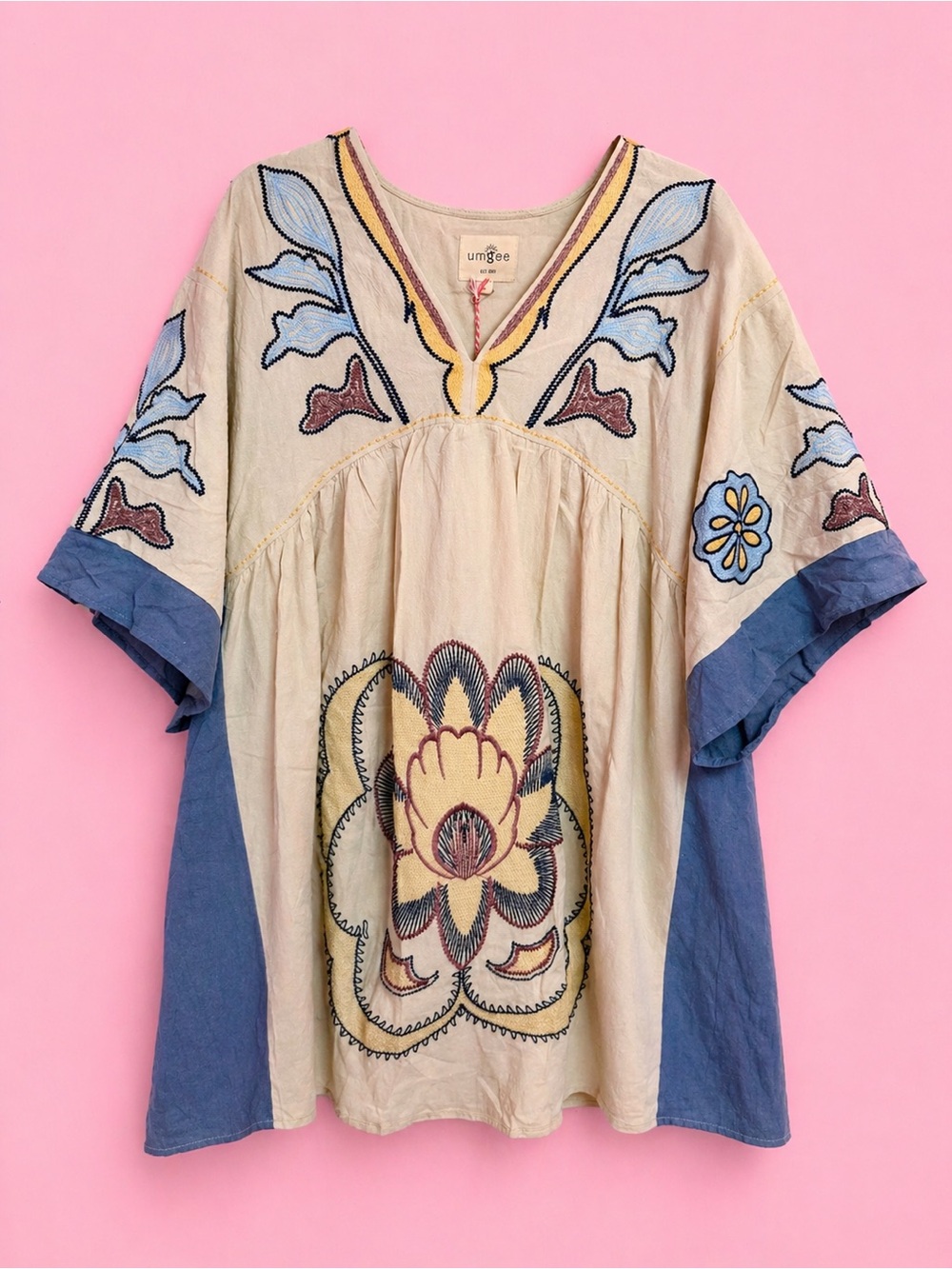 Umgee Cream Tunic with Blue Embroidered Floral Accents